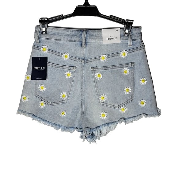 NWT Forever 21 Sunflower Embellished Fray Hem Cutoff Denim Blue Jean Shorts 25 - Picture 2 of 11